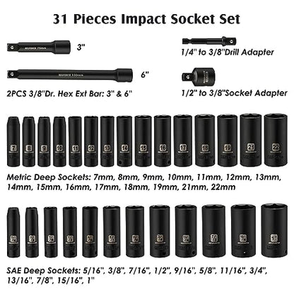 MIXPOWER 3/8" Drive Deep Impact Socket Set, 6 Point, 31 Piece SAE and Metric Socket Set, 7-22mm, 5/16"-1", Cr-V Steel Mechanic Socket Set - size: 9/32" - 1" (Deep)