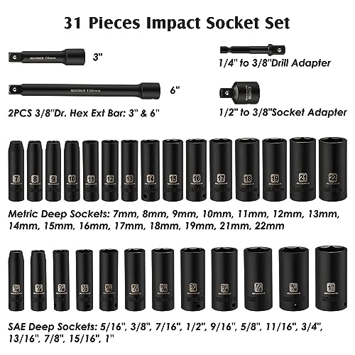 MIXPOWER 3/8" Drive Deep Impact Socket Set, 6 Point, 31 Piece SAE and Metric Socket Set, 7-22mm, 5/16"-1", Cr-V Steel Mechanic Socket Set - size: 9/32" - 1" (Deep)