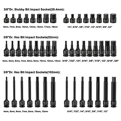 CASOMAN 84 Pieces 3/8" Dr. Master Hex & Torx Bit Impact Socket Set, CR-MO, SAE/Metric, Impact Grade, 3/8" Drive Allen Bit Socket Set