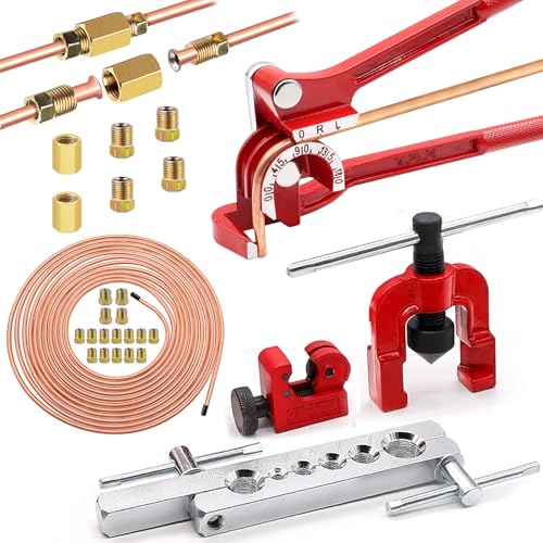 Tnisesm 3/16Inch Brake Line kit Include Copper-Plated Brake Lines with Fitting (16Pcs Fittings,2Pcs Unions+4Pcs Nut) Brake line Bender Single Flare Tool,Cutter 3/16Inch Brake line kit - style: 3/16 Gold Brake Line Kit with Tube Bender