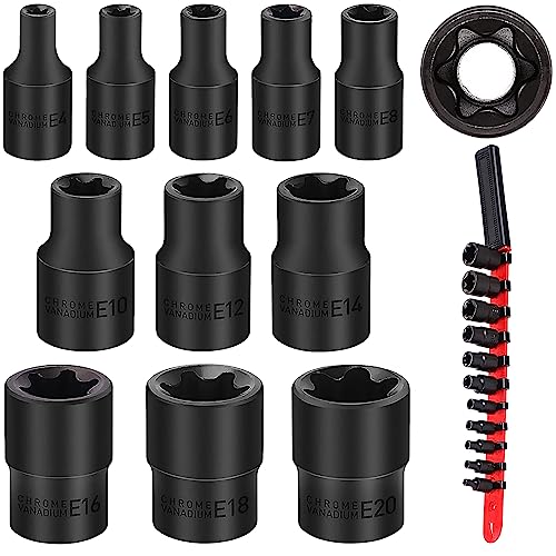 SEDY 11-Piece E-Torx Socket Set - Star Sockets Set with Socket Rail, External Torx Socket with Organizer, External Socket-Set, E4 E5 E6 E7 E8 E10 E12 E14 E16 E18 E20 Reverse Sockets Set - style: 11-Piece E-Torx - (E4-E20)