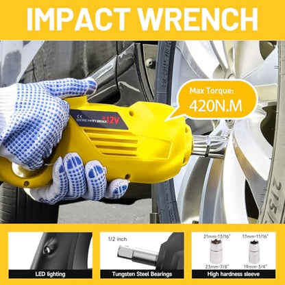 5 Ton 12V Electric Car Jack Kit with Impact Wrench & Air Compressor, Portable Emergency Tire Change Kit for SUV, Truck, Sedan, EV (Lifting Range 5.31-14.17 Inch)