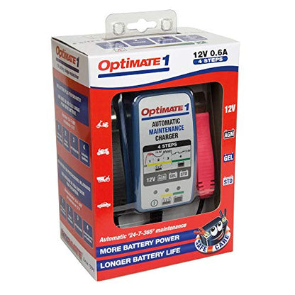 Tecmate Optimate 1 Global, TM-401, 4-Step 12V 0.6A Battery Charger-maintainer - style: OptiMATE 1, 12V 0.6A Plug In Maintainer