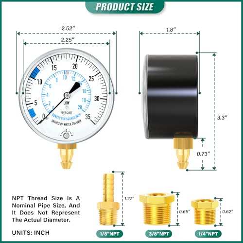 0-35" Natural Gas or LP Gas Manifold Pressure Test Kit, 1/8" NPT Fitting, 40" Feet Hose, Hex Bushing and Barbed Connection, for Kitchen and Industrial Equipment - size: 0-35" W.C