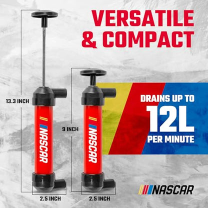 NASCAR Transfer Pump, Multi-Use Siphon Fuel Transfer Pump Kit for Gas Oil and Liquids, Leak-Free Gasoline Portable Fluid Transfer & Air Pump Kit for Water, Tires & More, Red & Black