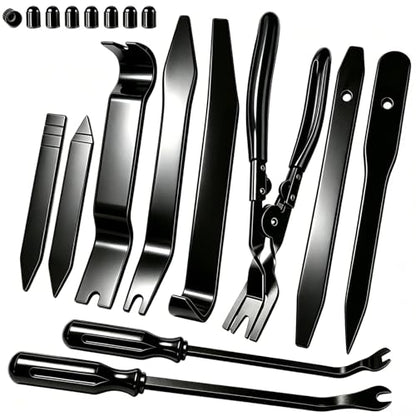 18Pcs Car Trim Removal Tool Kit Pry Tool Set, Panel Clip Pliers Door Panel Removal Tool Automotive Clip Removal Tool, Plastic Pry Tool Kit Auto with Valve Stem Caps for Car Interior Repair, Black - color: black