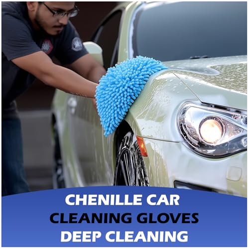 4Pcs Car Wash Mitt Microfiber Gloves Chenille Material Microfiber Towels for Car Washing Supplies Kit Scratch Free Cleaning Sky Blue + Green - size: Sky Blue + Green