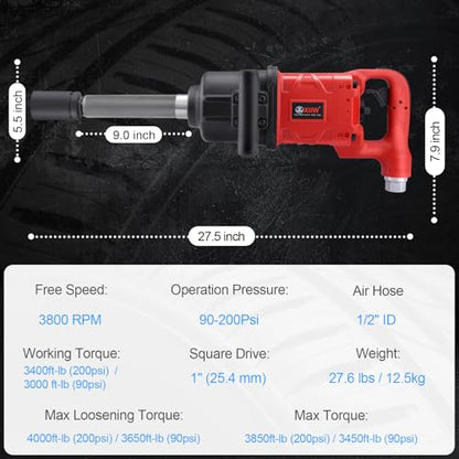 XIIW 1 Inch Air Impact Wrench, Up to 4000 ft-lbs High Reverse Torque | 27.6lbs Lightweight 1'' Impact Gun w/ 9 Inch Extended Anvil and 2 D Handles 3800RPM Pneumatic Impact Wrench for Repairs - size: 1 Inch | 4000 ft-lbs w/9" Extended Anvil
