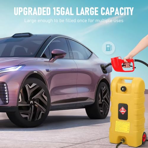 15 Gallon Gas Can, Fuel Tank Container with LE Fluid Transfer Manual Siphon Pump & 10FT Hose, Portable Diesel Gas Storage Caddy with Wheels for Car, ATV, Weeder, Boat, etc., Yellow - color: Yellow