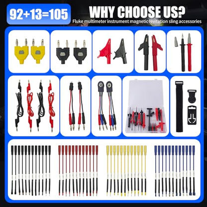 105PCS Multimeter Test Lead Kit with Hanging Loop Strap Magnetic Hanger for Fluke, Automotive Circuit Breakout Probe Kit, Banana Plug Leads & Large Alligator Clips