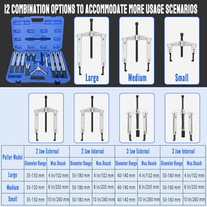Gear Puller Set, 13Pcs Large Bearing Puller Kit, 2 Jaw & 3 Jaw Gear Puller, Heavy Duty Cr-V Steel Pulley Flywheel Puller for Removal Bearings, Gears, Pulleys and Flywheels Vehicles and Machinery. - size: 13pcs large puller
