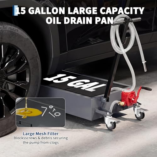 15 Gal Oil Drain Pan with Pump,Low Profile Rolling Oil Drain Cart with 8 ft Hose | with Manual Pump, Wheels & Folding Handle, Oil Drain Tank for Cars, SUVs, Trucks, Buses, RVs - color: National Flag-Silver, size: 15 Gal with Manual Pump