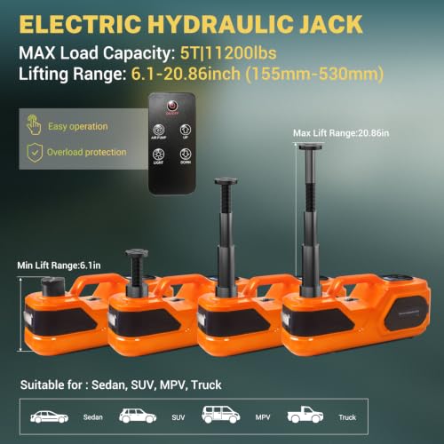 E-HEELP 5 ton Cordless Electric car Jack kit with Hydraulic Lift,Lithium Battery & Double Cylinder air Pump & LCD Touch Screen - Portable car Jack and Stand kit Includes Impact Wrench
