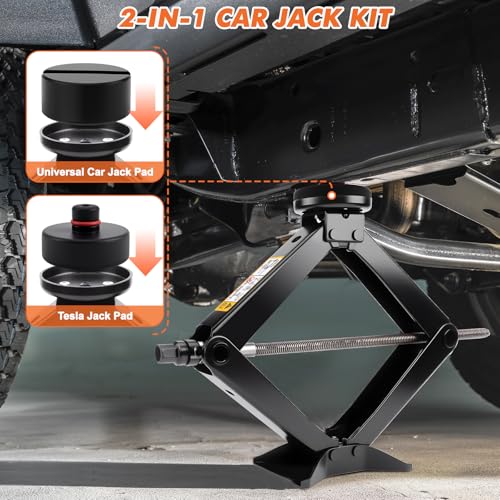 Portable Car Jack Kit, 3 Ton Auto Scissor Jack Kit for Tesla Model Y Model 3/S/X, Tire Repair Kit with 2 Tesla Specific Jack Pads & Lug Wrench, Universal Car Emergency Set for Sedan/SUV/MPV