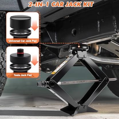 Portable Car Jack Kit, 3 Ton Auto Scissor Jack Kit for Tesla Model Y Model 3/S/X, Tire Repair Kit with 2 Tesla Specific Jack Pads & Lug Wrench, Universal Car Emergency Set for Sedan/SUV/MPV