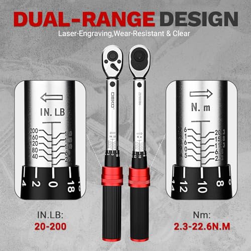 DEKOPRO 26Pcs Bike Torque Wrench Set, 1/4 Inch Drive Torque Wrench, 20-200 IN.LB(2.3-22.2 Nm), ±3% Accuracy, 72 Tooth Dual-Direction Adjustable with Socket Bits, for Mountain Bike, Bicycle Repair - size: 1/4 Inch (20-200 in.-lb.)
