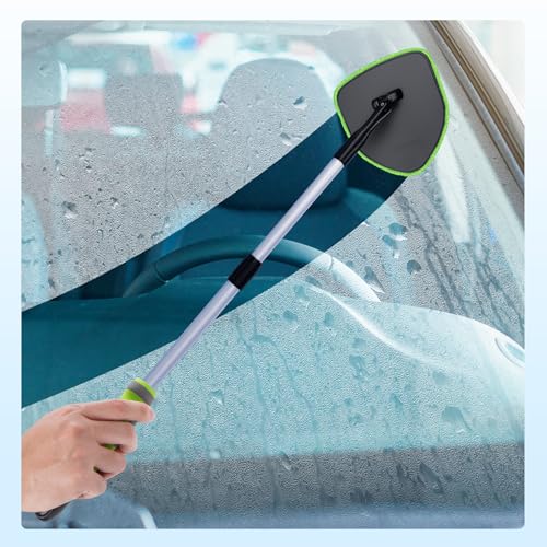 XINDELL Windshield Cleaner Tool, Car Window Cleaning Kit with 4 Reusable Microfiber Pads, Extendable Handle & 360° Rotating Head, Safety Hammer, Streak-Free Auto Glass Wiper for Car Truck SUV RV - color: Green