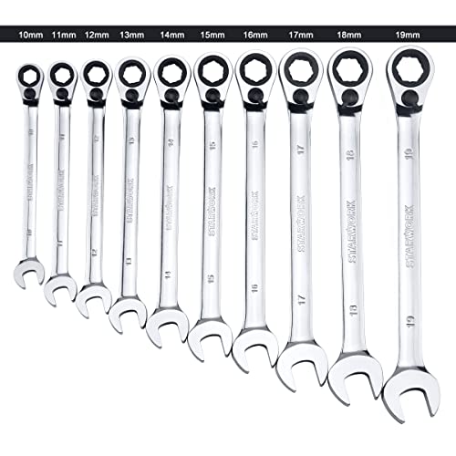 STARWORK TRUE MECHANIC™ 20 Pc. Reversible Ratcheting Wrench Set, Combination Ratchet Wrench Set, Non-Slip, Long Pattern, 6-Point 15° Offset, Professional, SAE/Metric (5/16-3/4" & 8-19 mm)