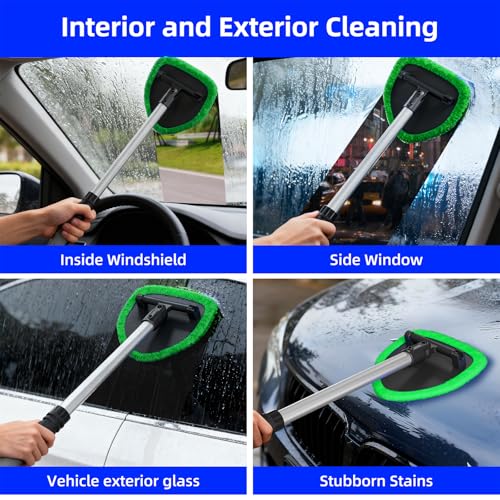 Windshield Cleaner Tool with Extendable Aluminum Handle (Up to 19.7"), Streak-Free Auto Glass Cleaning Kit with 4 Thick Microfiber Pads & Spray Bottle, Inside Window Defogger Accessories - color: Green