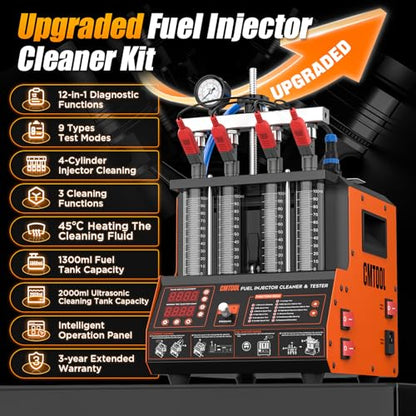 CMTOOL Ultrasonic Fuel Injector Cleaner Tester Machine 12 Functions with 45℃ Heating Cleaning Fluid 110V Fuel System Injection Cleaning Kit for 4 Cylinder Diesel Gasoline Car Motorcycle (Orange Pro)