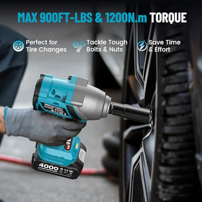 1/2 Impact Wrench 1200N.m, 1/2 Impact Gun & 2x 21V 4000mAh Batteries, Fast Charger, 4 Sockets & Storage Box, High Torque Impact Drive for Lug Nuts, Cars, Tires