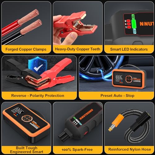 NUTROMO 4000A Jump Starter with Air Compressor, 24000mAh, 65W Charger | True 24000mAh/88.8Wh, 160 PSI auto-stop inflator, 65W USB-C two-way fast charge with PD charger, 10L gas/diesel, Force Start
