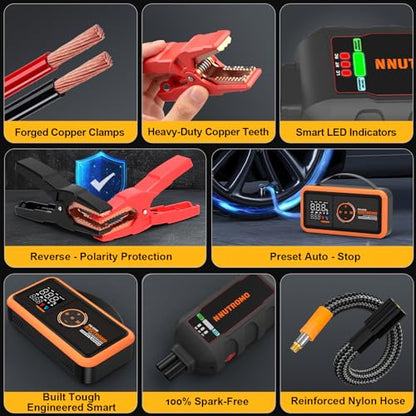 NUTROMO 4000A Jump Starter with Air Compressor, 24000mAh, 65W Charger | True 24000mAh/88.8Wh, 160 PSI auto-stop inflator, 65W USB-C two-way fast charge with PD charger, 10L gas/diesel, Force Start