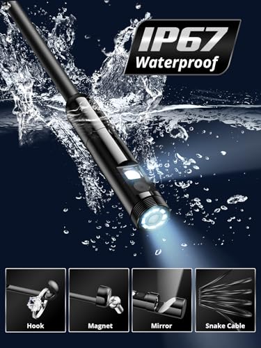 Acoath Endoscope Camera with Light, Dual-Lens 1920P HD Borescope with 8 Adjustable LED Lights, IP67 Waterproof Boroscope Inspection Tools, 9.8ft Semi-Rigid Snake Camera for iOS & Android - size: 9.8FT Snake Camera