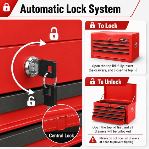 ARNOT Large Metal Tool Box, Tool Box with 6 Drawers & Top Tray, Heavy-Duty Steel Tool Chest with Auto-Locking Drawers and Side Handles for Garage & Workbench, Red - color: Red