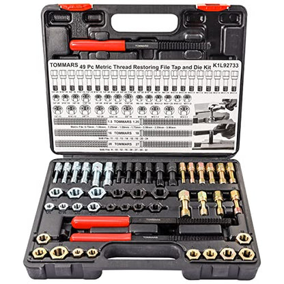 TOMMARS 49-Piece Thread Chaser Set for UNC, UNF and Metric Threads | Thread Repair Kit with Taps, Dies and Thread Files for Rethreading, Restoring and Cleaning Internal and External Threads - size: Metric and SAE