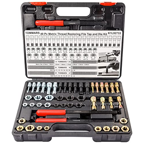 TOMMARS 49-Piece Thread Chaser Set for UNC, UNF and Metric Threads | Thread Repair Kit with Taps, Dies and Thread Files for Rethreading, Restoring and Cleaning Internal and External Threads - size: Metric and SAE
