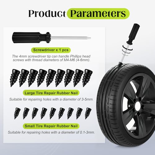 NACHLYNN 40 Pcs Tire Repair Rubber Nail Kit Tire Repair Nails with 2 Sizes and Screwdriver for Car Motorcycle Truck