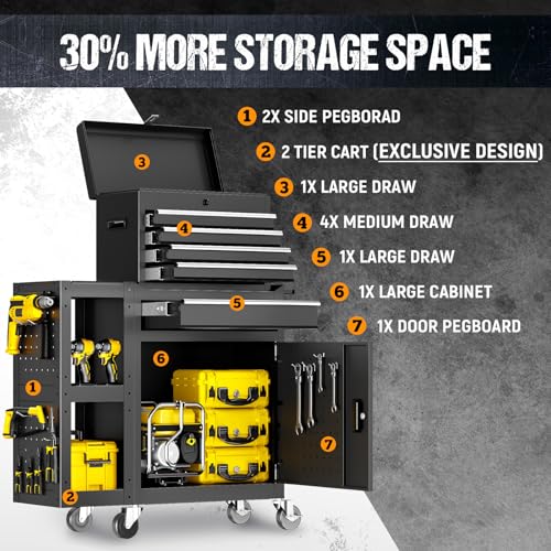 5 Drawers Rolling Tool Chest, Tool Box Protective Mat & Tool Rack, Garage Storage Cart with Side Cabinet, Detachable Top Metal Tool with Locking System for Garage - size: 5 Drawers-Black