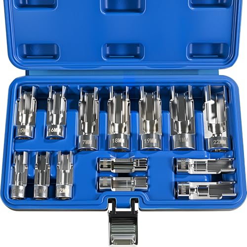 14PCS Diesel Injector Fuel Line Socket Wrench Set, 3/8" & 1/2" Drive, Metric 8-22mm Flare Nut Sockets, 5-Point Anti-Slip Design for Wired Temperature Sensors, Thermo Switches, ABS Tube, etc