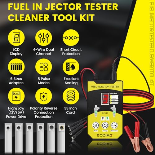 GODIAG Fuel Injector Tester Cleaner Kit, 8 Pulse Modes Injector Tester 6 Size Cleaning Adapters 12V/5V Output Power Drive, 4 Wire Dual Channel DIY Fuel Injector Cleaner Tools