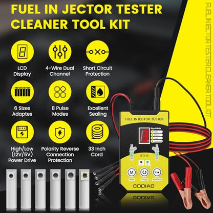GODIAG Fuel Injector Tester Cleaner Kit, 8 Pulse Modes Injector Tester 6 Size Cleaning Adapters 12V/5V Output Power Drive, 4 Wire Dual Channel DIY Fuel Injector Cleaner Tools