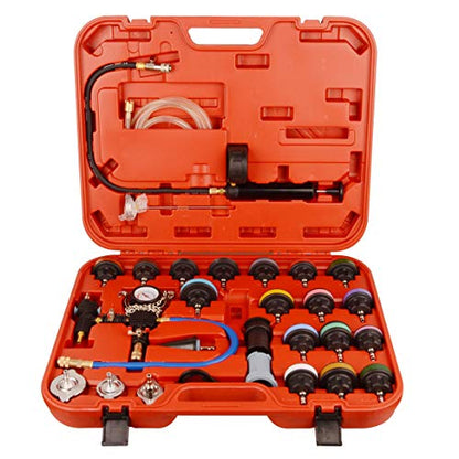 DAYUAN 28Pcs Universal Radiator Pressure Tester Kit Coolant Pressure Tester | Coolant Vacuum Refill Kit，Red Case, for Cooling Systems, 0-35 PSI Test Range，Detects Engine Leaks，Fits Most Vehicles - color: Red