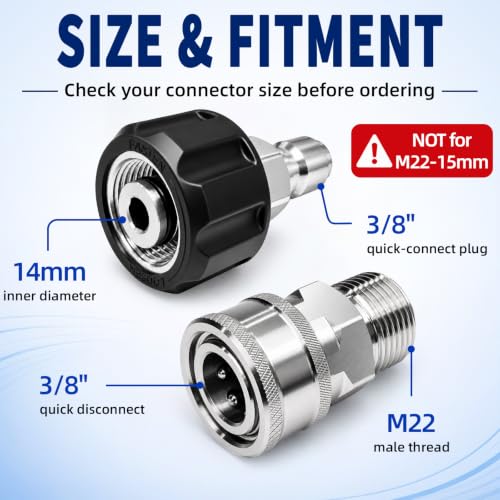 Pressure Washer Quick Connect Kit, Stainless Steel M22-14mm to 3/8 Quick Connect Adapter Set, Pressure Washer Fittings, Hose Connector for Spray Gun, Pump and Foam Cannon, 4 Pack