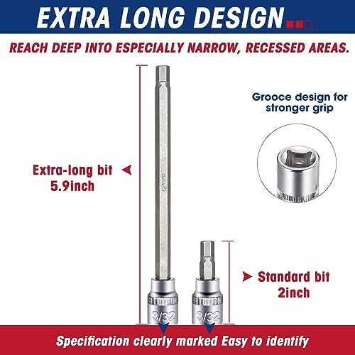 Rizom 3/8" Drive Long Allen Socket Set, 18-Piece Hex Bit Socket Set | S2 Steel Allen Head Socket, 6" Extra-Long SAE & Metric Hex Bit Set (1/8-3/8 in., 3-10 mm) for Professional Auto Repair - style: Allen Hex Bit