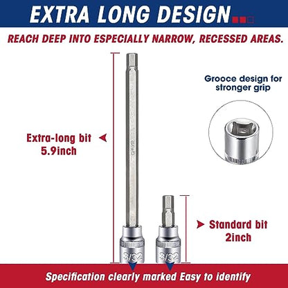 Rizom 3/8" Drive Long Allen Socket Set, 18-Piece Hex Bit Socket Set | S2 Steel Allen Head Socket, 6" Extra-Long SAE & Metric Hex Bit Set (1/8-3/8 in., 3-10 mm) for Professional Auto Repair - style: Allen Hex Bit