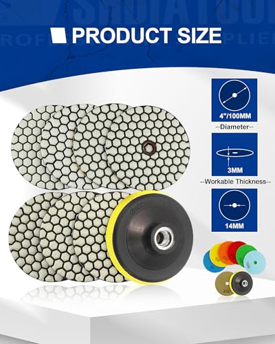 SHDIATOOL 4-Inch Dry Diamond Polishing Pads 7PCS Kit for Granite & Marble | Includes 5/8-11 Plastic Backer | 50-3000 Grit Grinding & Sanding Pads | For Quartz & Stone | Fits Polishers - style: Mixed Grits+P Backer