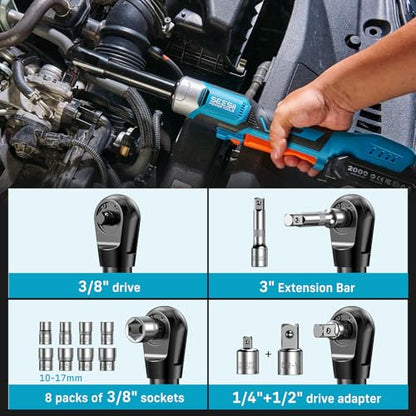 Cordless Electric Ratchet Wrench 3/8", 6" Extended Neck, 3-Speed Adjustable, 74 Ft-lbs Max Torque, 21V Power Brushless Ratchet with 2×2.0Ah Batteries & Fast Charger, 8 Sockets, 1/4"& 1/2" Adapter - size: Extended 6 Inch
