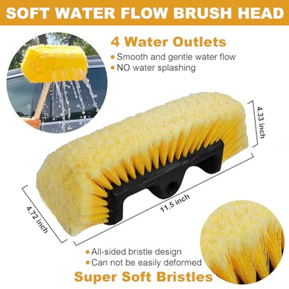 70" RV Wash Brush with Long Handle and 12" Soft Bristle Brush Head, Water Flow-Thru Truck Washing Brush with Hose Attachment for Cleaning Car, SUV, Boat, Camper, House Siding and Solar Panels - color: Yellow, size: 70"