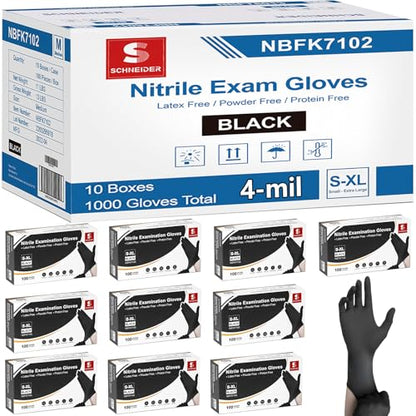 Schneider Medical Nitrile Exam Gloves, 4 Mil Black Gloves Disposable Latex Free Powder Free, Food Safe for Cooking - size: Small, style: 1000 Count(case of 10 Boxes)