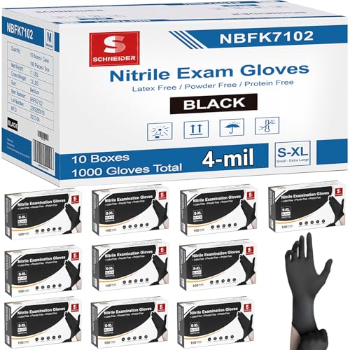 Schneider Medical Nitrile Exam Gloves, 4 Mil Black Gloves Disposable Latex Free Powder Free, Food Safe for Cooking - size: Large, style: 1000 Count(case of 10 Boxes)