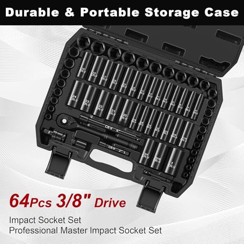 Aloanes 3/8" Drive Impact Socket Set, 64-Piece Deep & Shallow SAE (5/16"-1") & Metric (6mm-24mm) Sockets, 72-Tooth Ratchet Wrench, Universal Joint&Power Drill Adapter&Extension Bars - size: 3/8" 64 PCS SAE & Metric