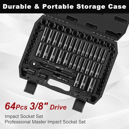Aloanes 3/8" Drive Impact Socket Set, 64-Piece Deep & Shallow SAE (5/16"-1") & Metric (6mm-24mm) Sockets, 72-Tooth Ratchet Wrench, Universal Joint&Power Drill Adapter&Extension Bars - size: 3/8" 64 PCS SAE & Metric