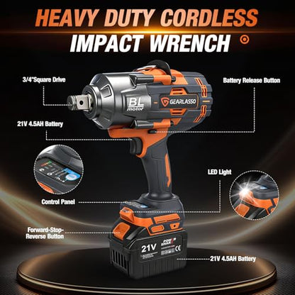 3/4 Cordless Impact Wrench 1475Ft-lbs (2000N.m) High Torque Impact Gun, 21V Power Impact Driver, 2 * 4500mAh Battery, 3 Sockets, Brushless Motor Variable Speeds for Home/Car/Truck RV/Mower - size: 2000N.m
