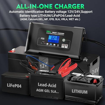 35Amp Car Battery Charger, 12V 35A/24V 18A Lithium LiFePO4 Lead Acid AGM/Gel Charger, Battery Desulfator, Trickle Charger/Maintainer for Car Boat Motorcycle Truck Lawn Mower