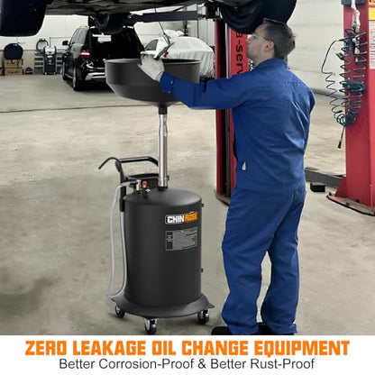 18.5 Gallon Industrial Fluid Drain Tank Adjustable Funnel Height | Oil Drain Extractor, Portable Pneumatic, Waste Oil Drain with Wheels